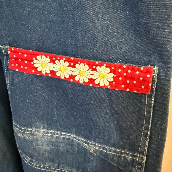 Upcycled  Denim Overalls with Colorful Patch Trim - Picture 11 of 16
